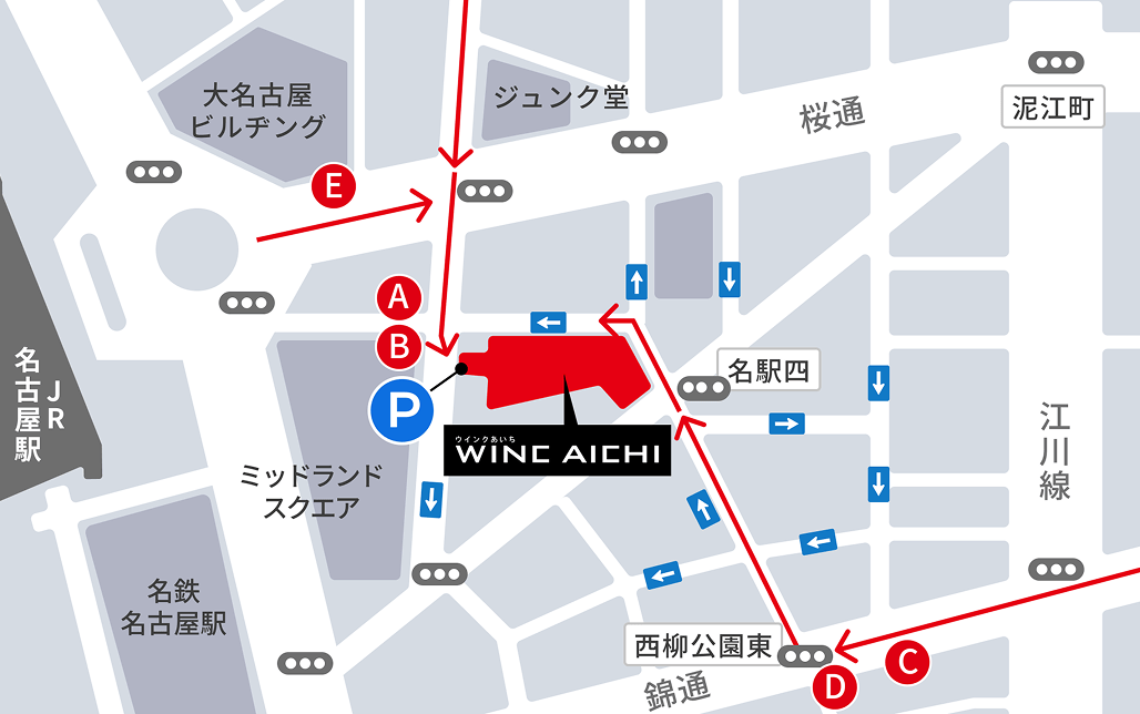 駐車場入り口および搬入口へのアクセスマップ